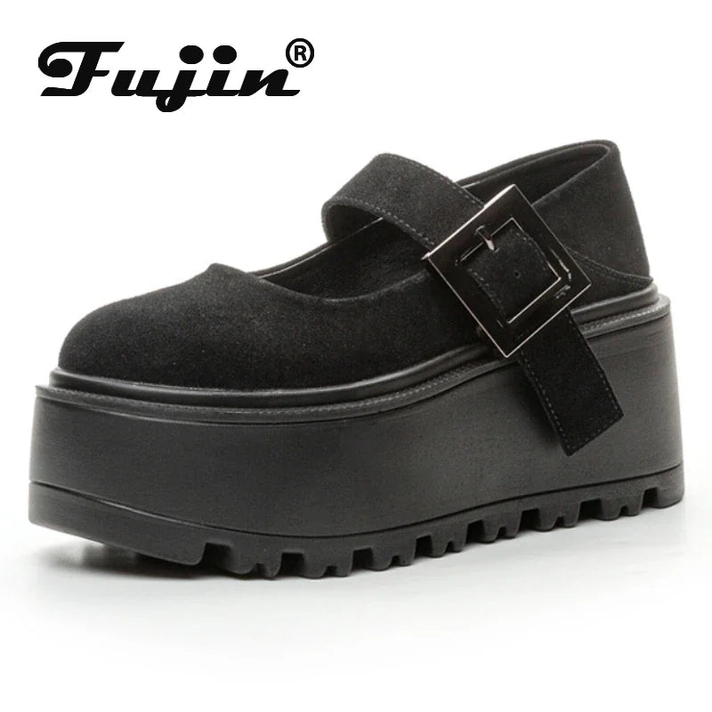 Fujin 8CM Cow Suede Natural Genuine Leather Sneakers Platform Shoes Spring Autumn Wedge Pumps Fashion Sneakers Mary Jane Women