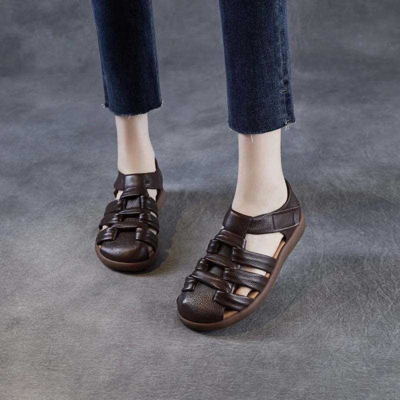 DRKANOL2025 Roman Sandals For Women Summer Handmade Woven Shoes Retro Style Genuine Cow Leather Soft Sole Casual Flat Sandals