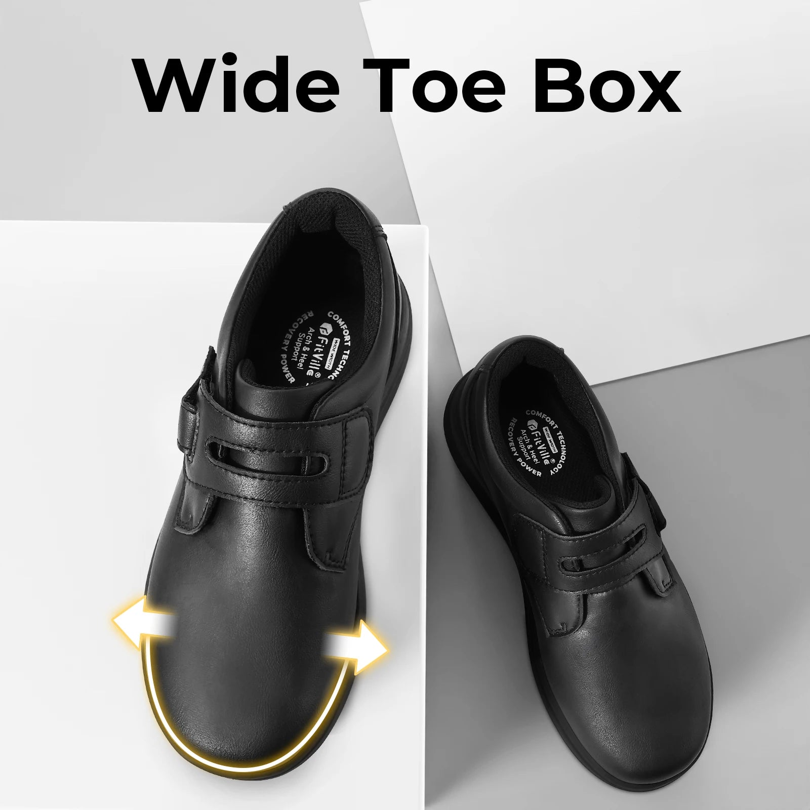 FitVille Leather Women's Shoes Extra Wide Diabetic Shoes Slip-On Walking Shoes For Womens Swollen Feet with Arch Support