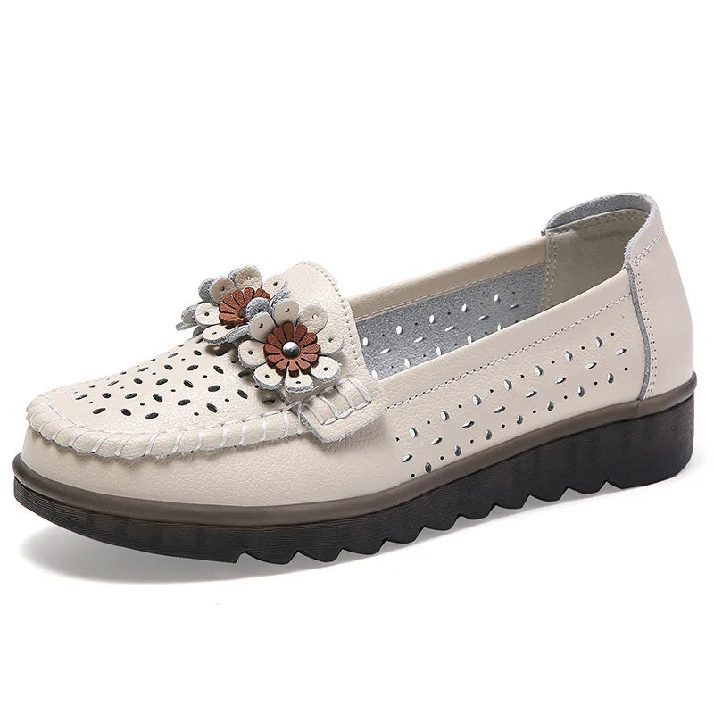WOIZGIC Femmes Femmes Dames Mère Chaussures En Cuir Véritable Appartements Mocassins Plateforme Creux Sans Lacet Été Cool Fleurs Mocassins