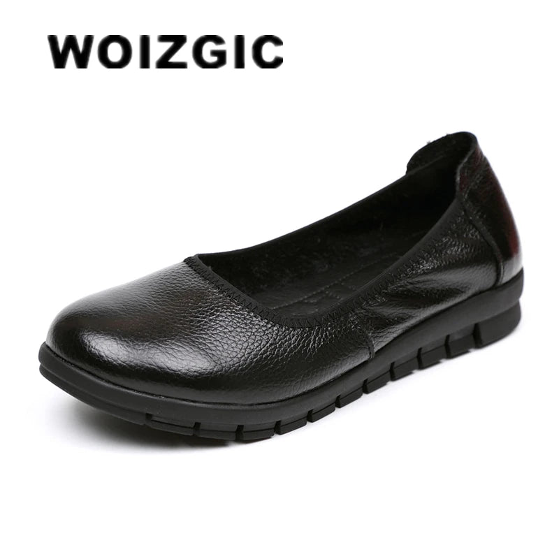 WOIZGIC Femmes Mère Vieille Femme Chaussures Plates Mocassins Vache Véritable Cuir Décontracté PU Antidérapant Bout Rond Souple Travail 35-41 OL-3