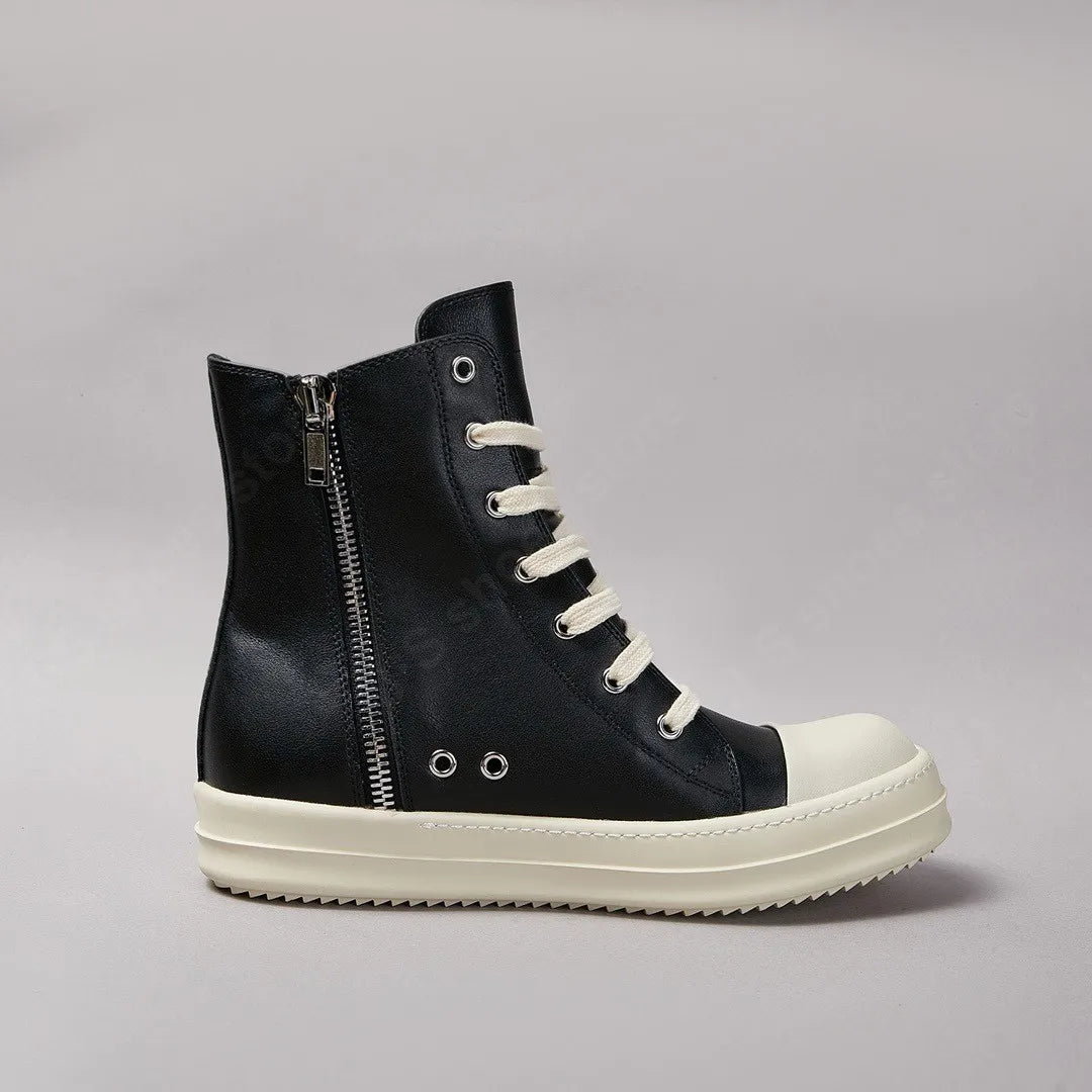 Brand Ro Shoe Men High Top Shoes Black Leather Sneakers Cowhide Women Boots Luxury Casual Sneaker Laces Zipper Flat Ankle Boot