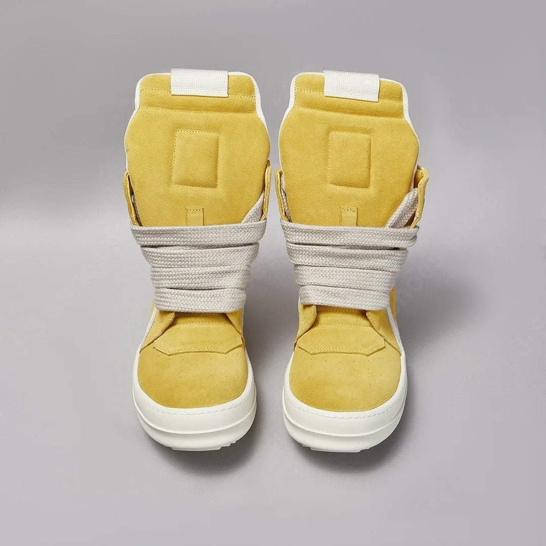 Ro Men Shoe Yellow Suede Boots Outoor High Top Casual Shoes Jumbo Laces White Leather Zipper Women Sneaker Cowhide Ankle Boot