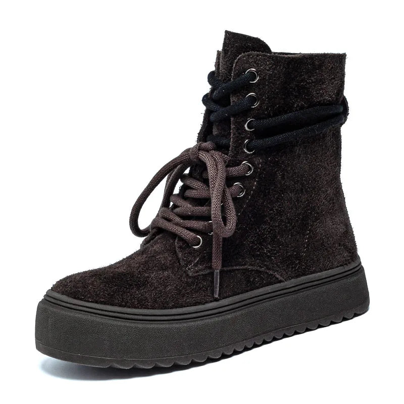 DRKANOL Women Flat Platform Ankle Boots Quality Cow Genuine Leather Round Toe Thick Sole Lace-Up Retro Style Casual Short Boots