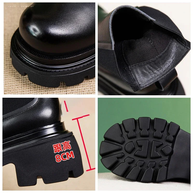 Fujin 8cm New ROME Genuine Leather Ankle Motorcycle Chelsea Booties Women Autumn Ladies Elastic Spring Arch Support Stable Shoes