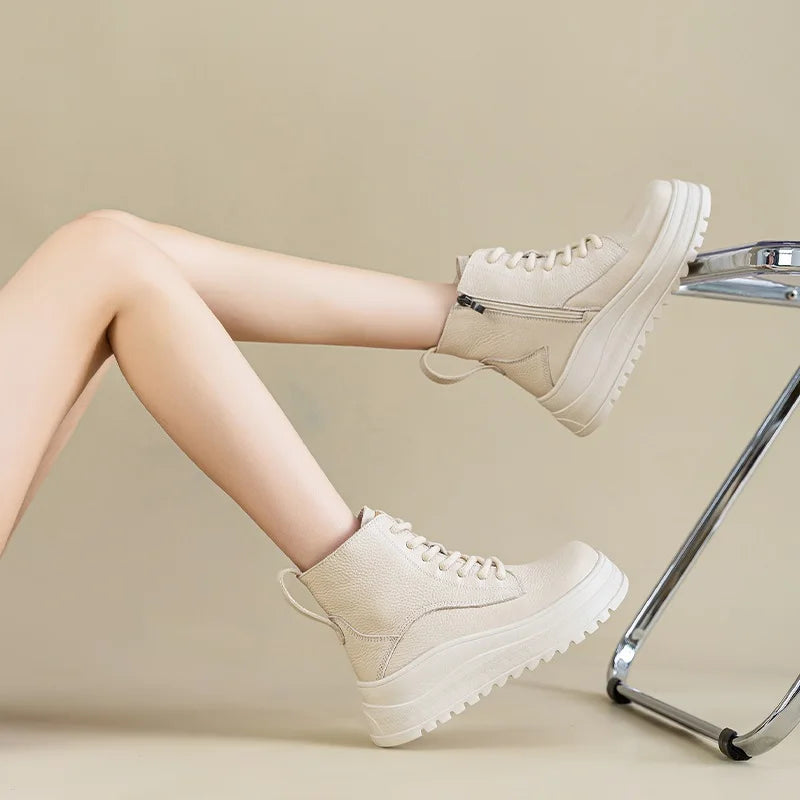 DRKANOL 2025 Genuine Leather Ankle Boots For Women Wedges Height Increasing Chunky Platform British Style Leisure Short Boots