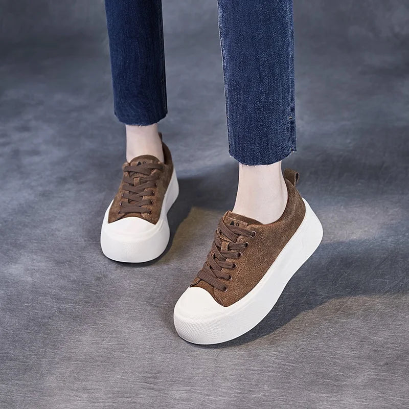 DRKANOL 2025 Fashion Women Flat Platform Shoes Spring Lace-Up Quality Cow Suede Round Toe Casual Sneakers Ladies Board Shoes