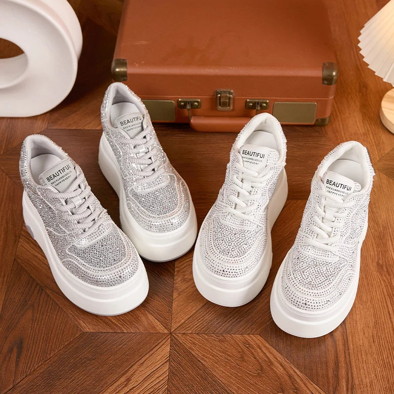 AUTUSPIN 10cm Full Crystal Women Shoes High Internal Increased Height Woman Shoes Fashion Shiny Rhinestones Platform Sneakers