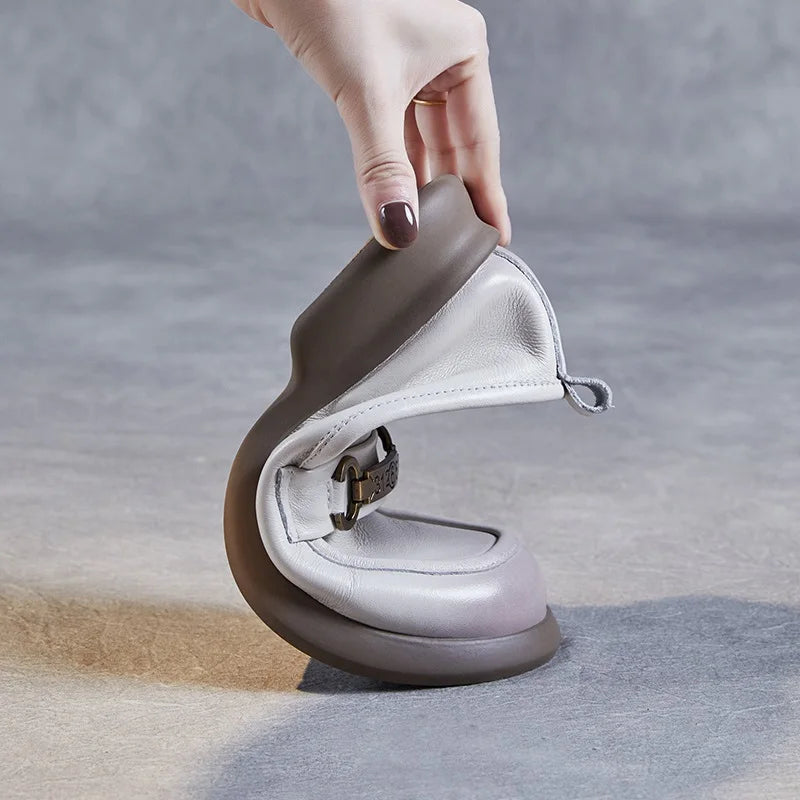 DRKANOL Women Slip On Loafers 2025 Spring Shallow Genuine Cow Leather Trend Metal Mid Thick Heel Casual Single Shoes Black Beige