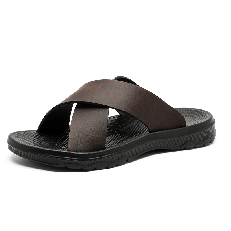 PU Leather Slippers Men Slides Summer Casual Beach Shoes Slip-Ons Flats Indoor Outdoor Flats Big Size 47 48 Dropshipping