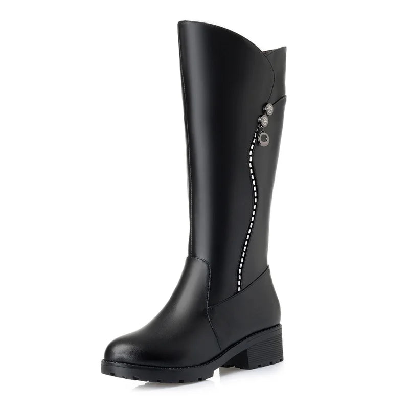 WOIZGIC Bottes en cuir véritable pour femme, plateforme, laine, fourrure, chaudes, hiver, talon moyen, fermeture éclair, grande taille 42 43
