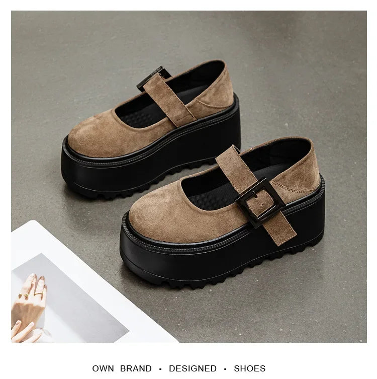Fujin 8CM Cow Suede Natural Genuine Leather Sneakers Platform Shoes Spring Autumn Wedge Pumps Fashion Sneakers Mary Jane Women
