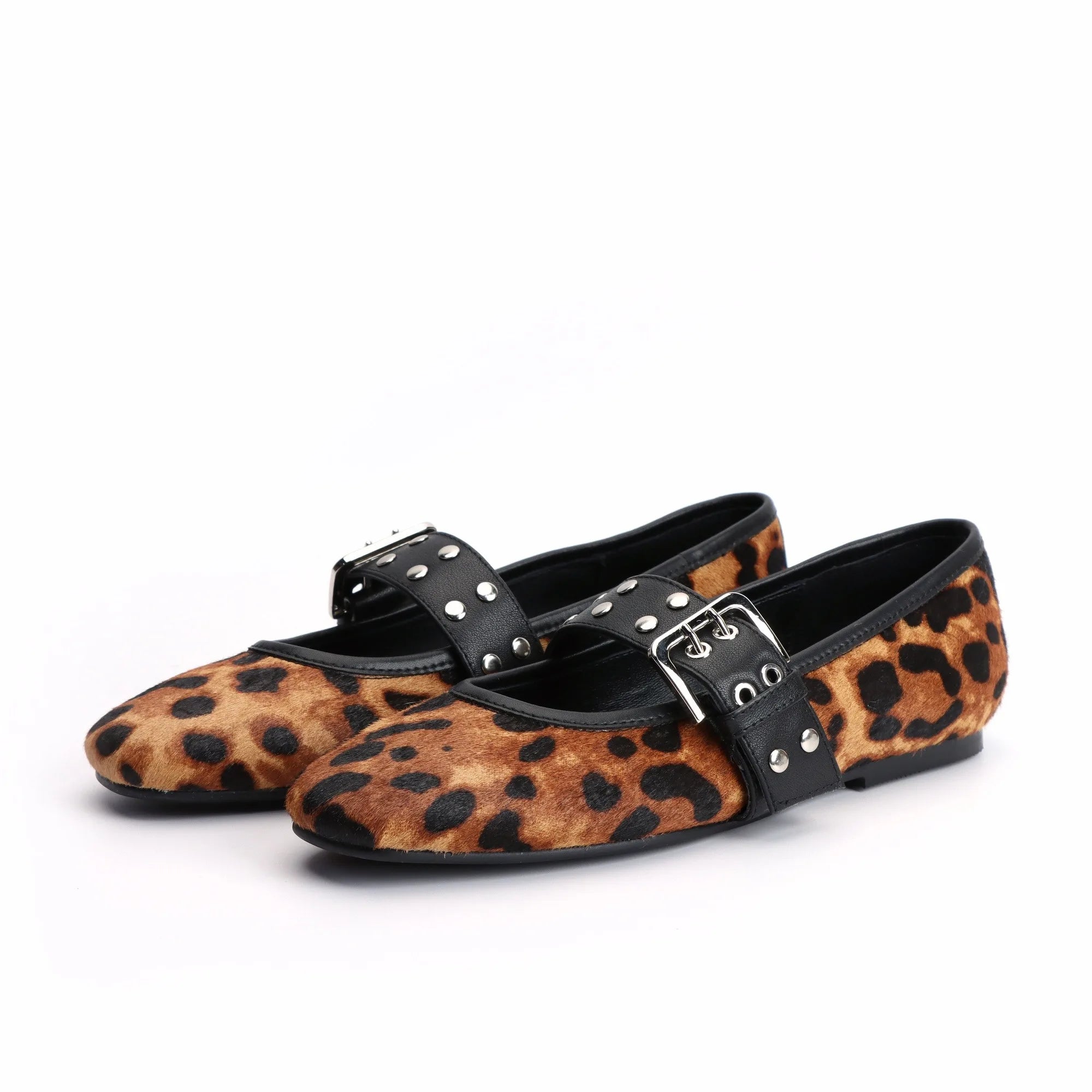 Women's Leopard Mary Jane Ballet Flats Square Toe,Adjustable Buckle Strap, Memory Foam Comfort,Calf Hair Dress Shoes
