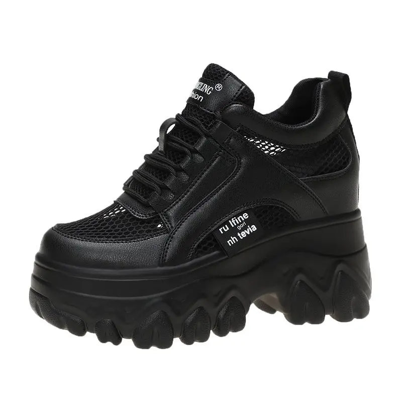 Fujin 10cm Microfiber Leather Mesh Platform Shoes Wedge Sneakers For Women Hidden Heel Increased Shoes Summer Sneakers Female