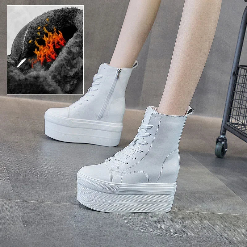 Fujin Genuine Leather 10cm Super Thick Sole Platform Wedge Hidden Heel Boots Shoes Zipper Winter Boots Ankle Warm Booties 2024