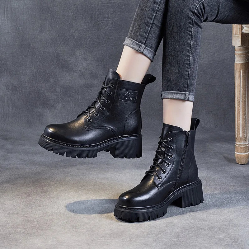 DRKANOL 2025 Fashion Women Genuine Cow Leather Thick Heel Ankle Boots Autumn Winter Chunky Platform Handmade Retro Warm Boots