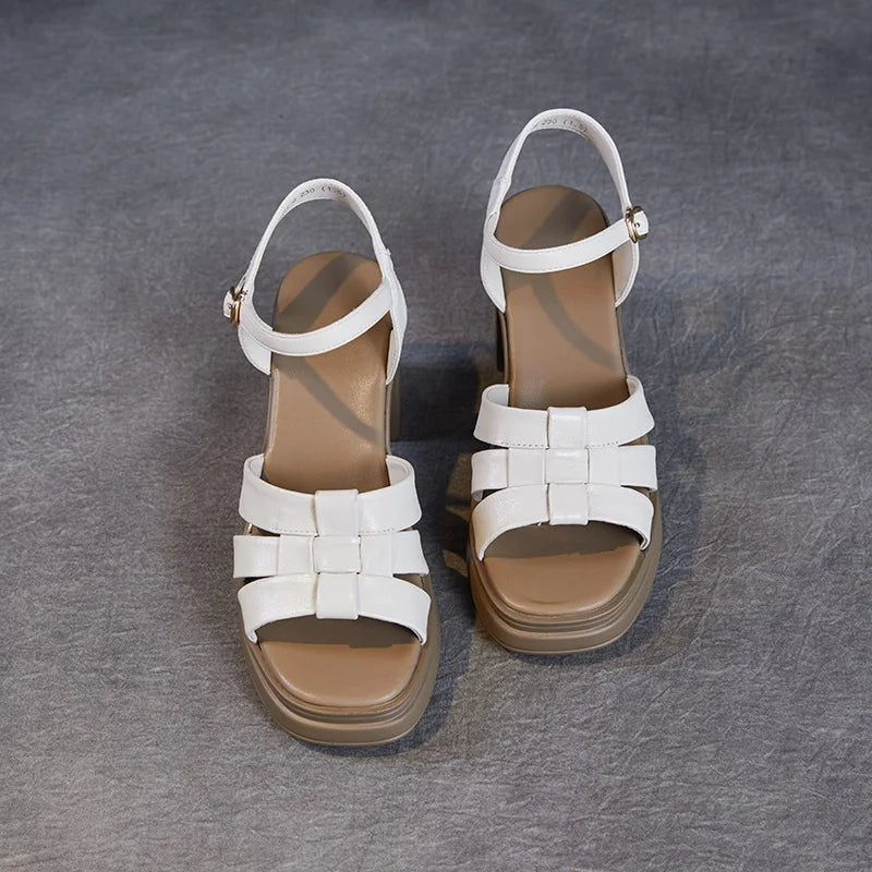 DRKANOL 2025 Fashion 8cm High Heel Sandals Women Genuine Cow Leather Weave Buckle Strap Open Toe Chunky Platform Casual Sandals