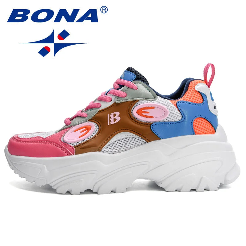 BONA  New Designers Women Lace Up Platform Sneakers Ladies Leisure Feminino Casual Shoes Breathable Walking Shoes