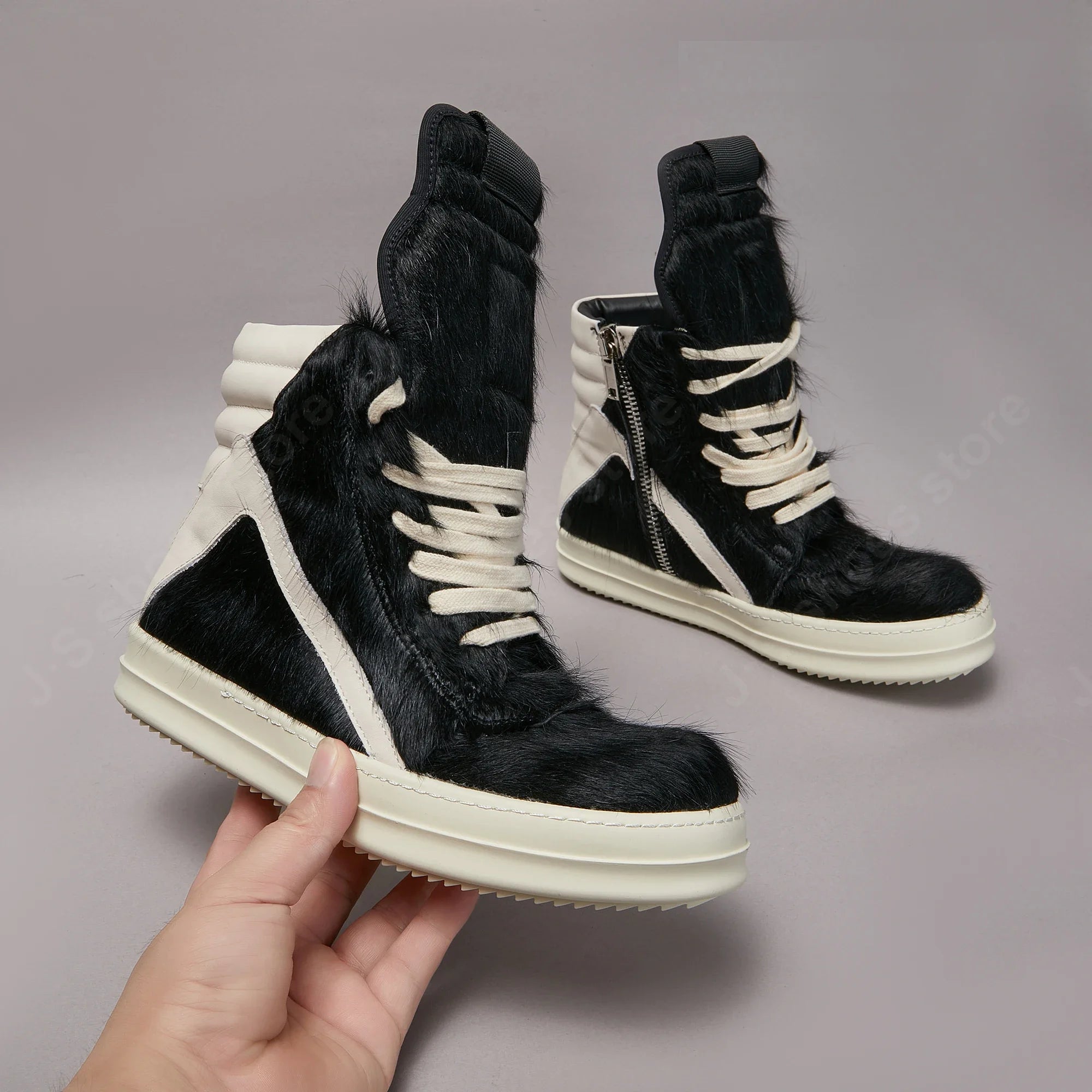 Ro Casual Shoes Men High Top Shoe Black Horse Hair Women Sneaker Black Horsehair Ankle Boot White Leather Boots Flat Sneakers