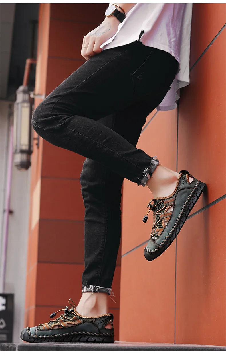 Sandales d'été respirantes pour hommes, sandales romaines tendance, faites à la main, en maille, chaussures décontractées pour hommes, plateforme, sandales de plage pour hommes
