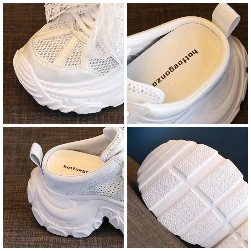 Fujin 8cm Air Mesh Synthetic Leather Sandals Platform Wedge Flats Breathable Women Summer Hollow Slipper Summer Sandals Shoes