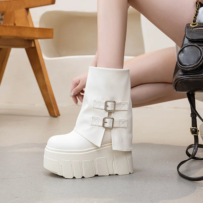 Fujin 14cm Genuine Leather Platform Boots for Women Ankle Boots Spring Autumn Winter Platform Wedge Heel Boots Booties Female