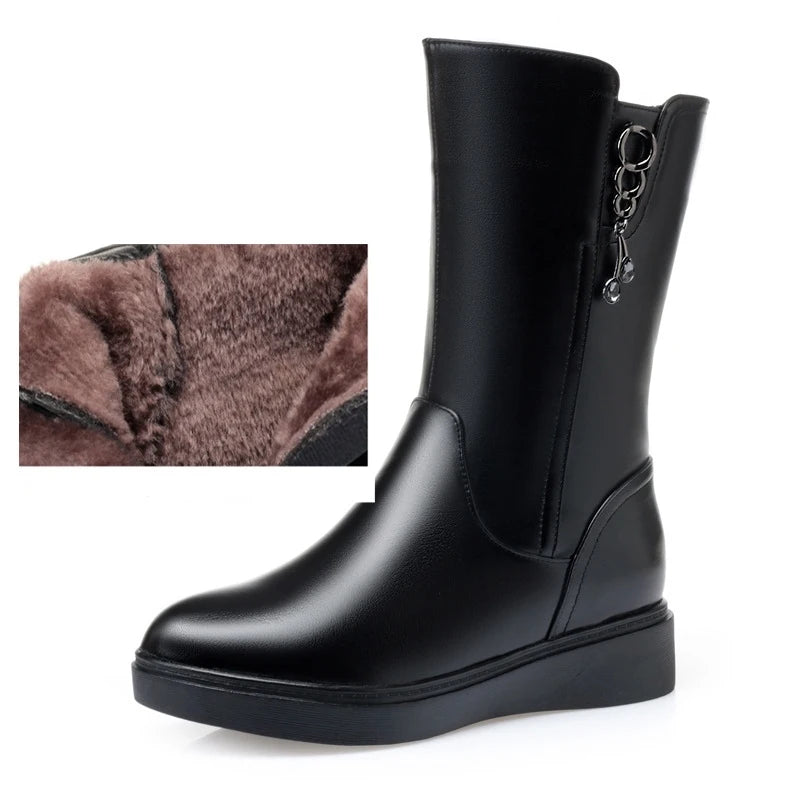 WOIZGIC Bottes mi-mollet pour femme, chaussures d'hiver en fourrure, laine, peluche, chaudes, fermeture éclair, cuir véritable, grande taille 42 43