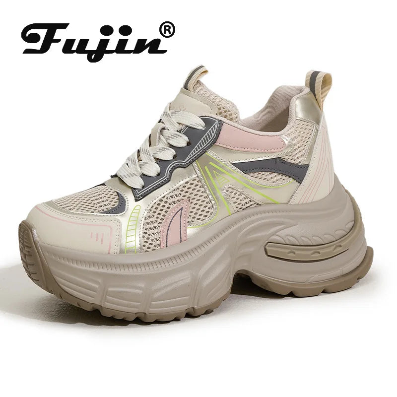 Fujin 9cm Air Mesh Microfiber Leather Women Casual Hidden Heel Shoes Chunky Sneakers Vulcanize Platform Wedge Skateboard