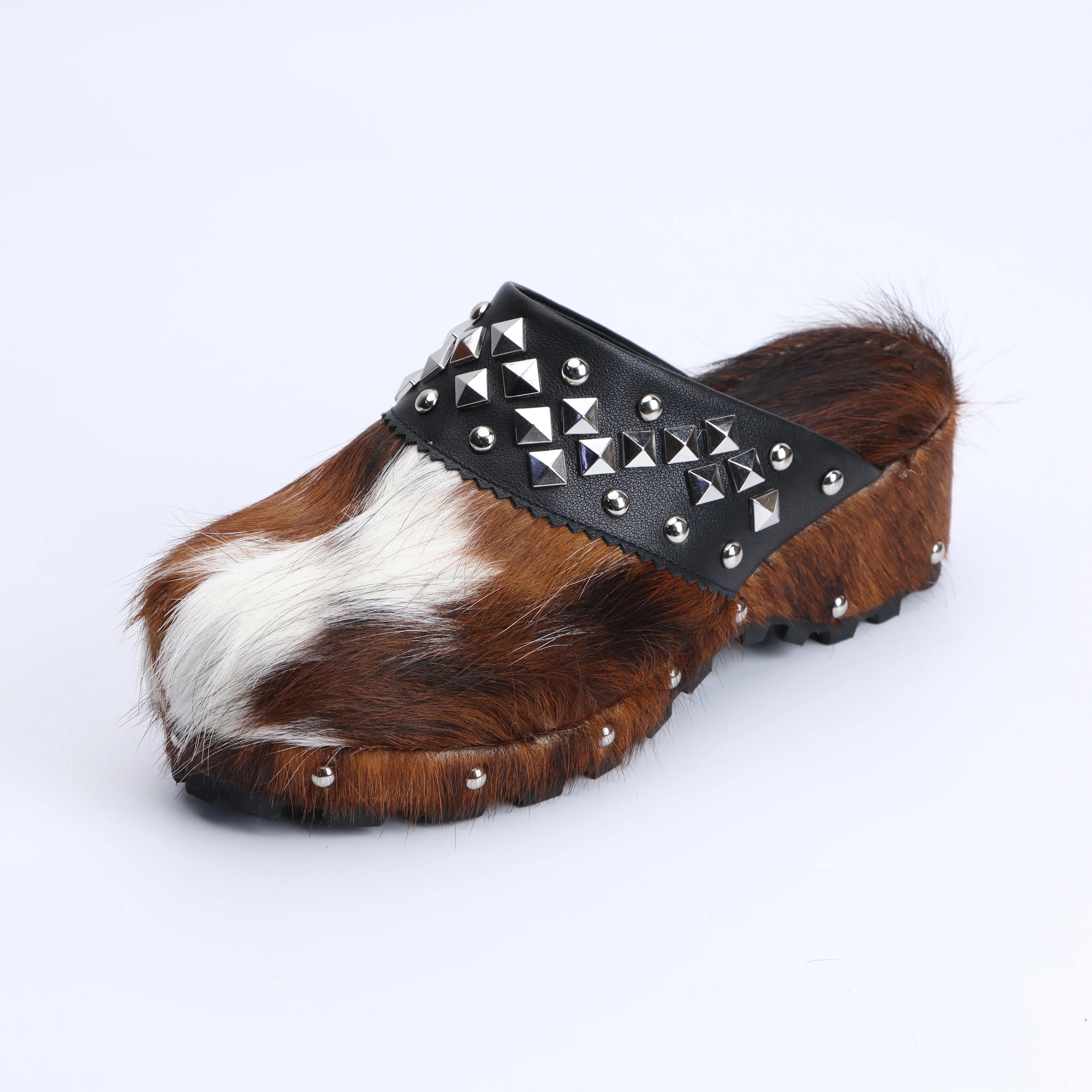 Trendy 2025 Summer Slides Luxury Designer Mule Sandals for Women, Handmade Cowhide Fur, Rubber Sole, Geometric Metal Decor