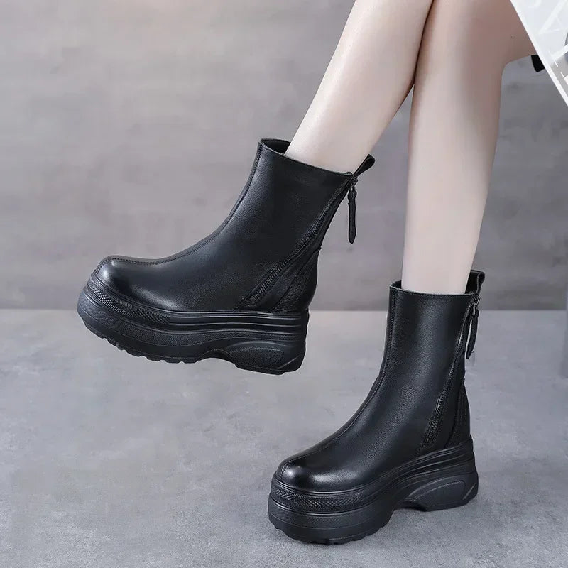 Fujin 7cm  Women Comfy Spring Booties ROME Fashion Shoes Cow Natural Genuine Leather Autumn Platform Wedge Ankle Boots Autumn