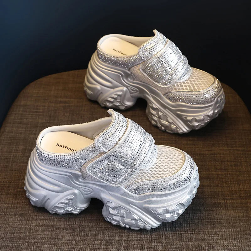 Fujin 9cm Air Mesh Microfiber Leather Women Bling Vulcanize Platform Wedge Flats Chunky Sneakers Slipper Hidden Heel Shoes