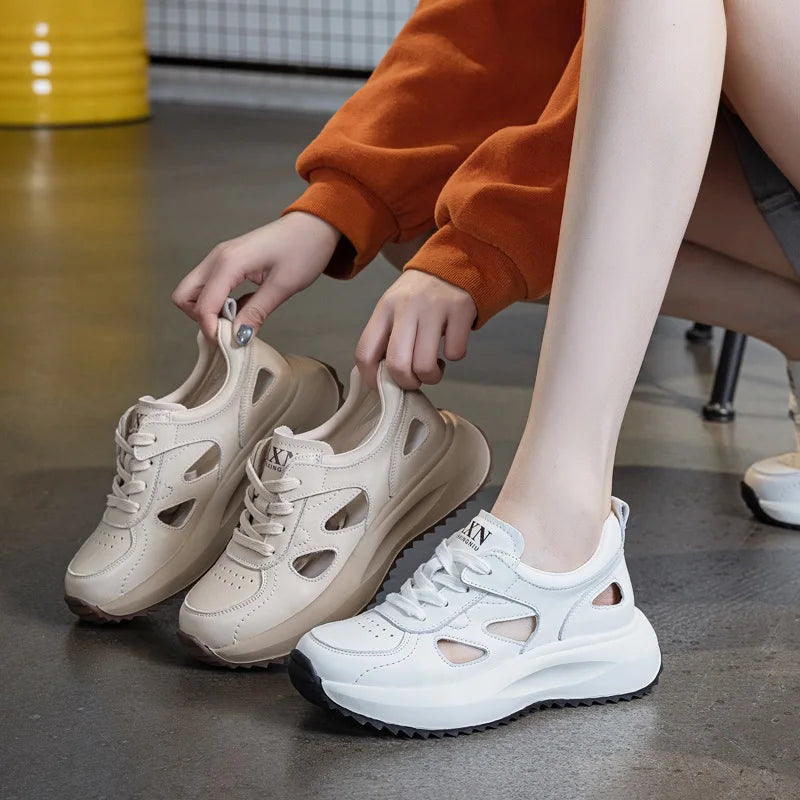 DRKANOL Casual Sneakers Women 2025 Summer Hollow Breathable Genuine Leather Thick Sole Platform Lightweight Ladies Shoes White