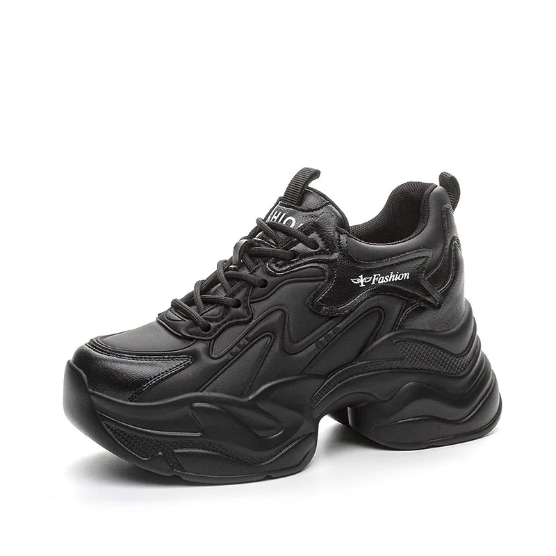 Fujin 9cm Genuine Leather Women Casual Shoes White Platform Wedge Hidden Heel Shoes White Chunky Sneakers Vulcanize Skateboard