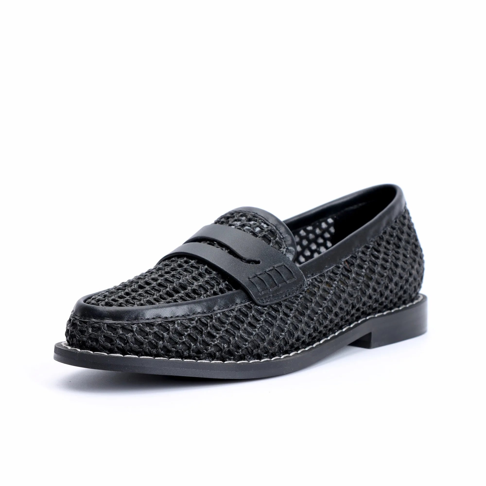 Women's Breathable Black Woven Mesh Peny Loafers with Leather Monk Strap and Soft Insole - Perfect for Office and Casual Wear