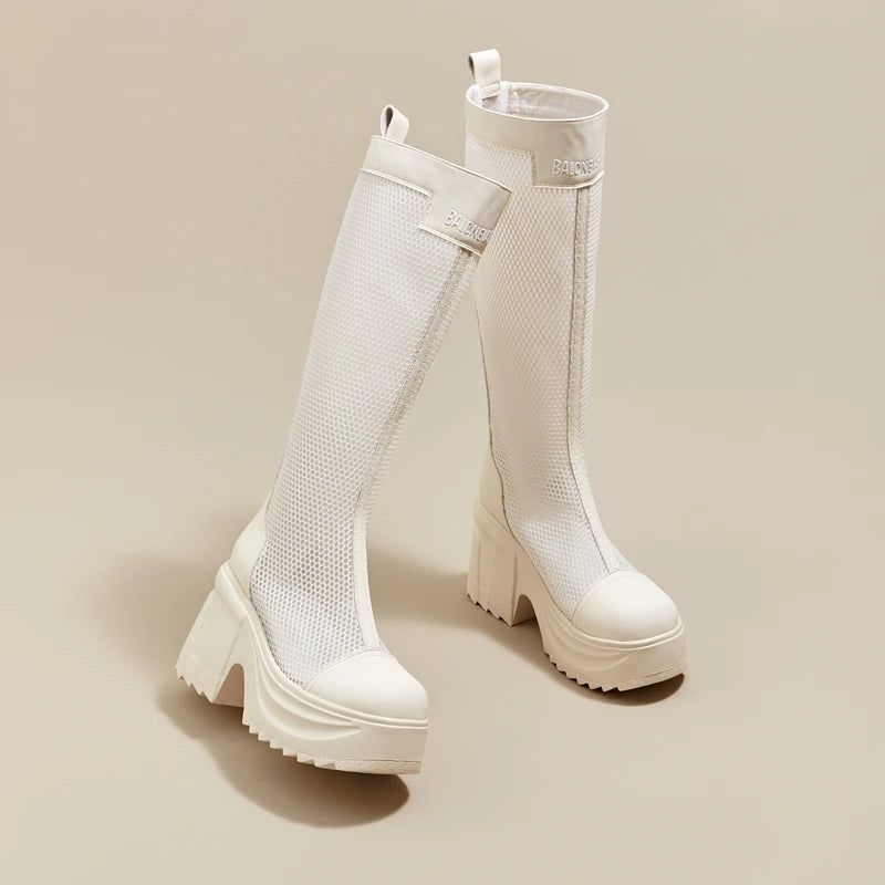 Autuspin 10cm High Platform Women Long Boots Summer Autumn Breathable Air Mesh Knee-high Boot Ladies Thick Heels Woman Fashion