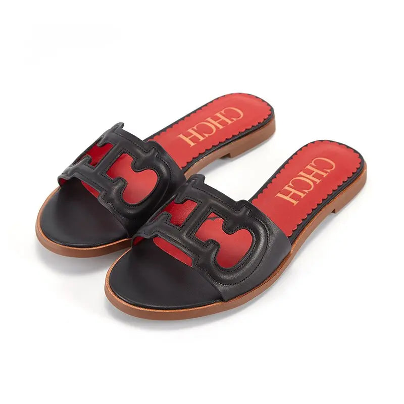 2025 Summer Slippers Women's Shoes Leather Casual Shoes Flat Luxury Brand Shoes Essence Model