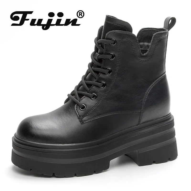 Fujin 8cm Cow Suede Genuine Leather Platform Wedge Flats Women Spring Chelsea Luxury Shoes  Ankle Autumn Booties Chunky Heels