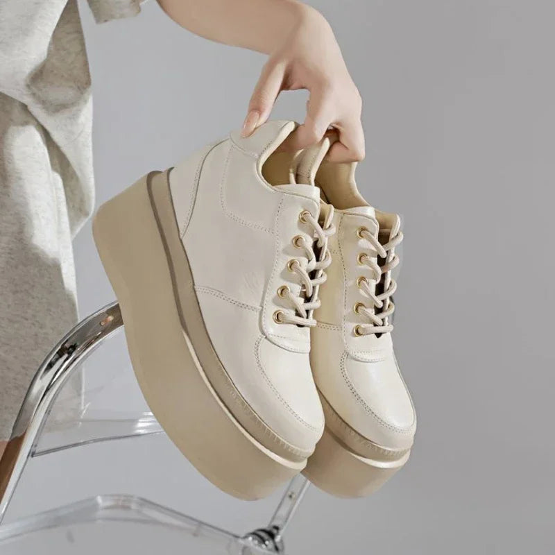 Fujin 10cm 12cm 14cm New Pigskin Synthetic Leather High Brand Autumn Daddy Breathable Spring Platform Wedge Fashion Comfy Shoes