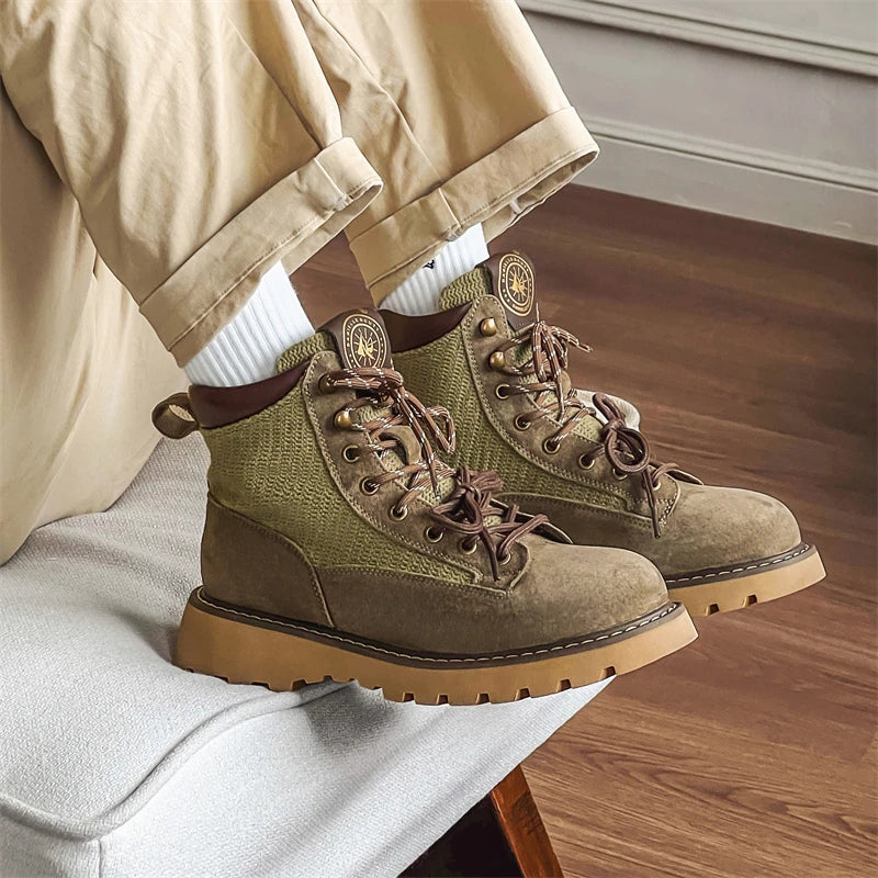 STRONGSHEN Retro Casual High Top Men Boots Genuine Leather Chunky Boot Motorcycle Ankle Boots Lace-Up Work Footwear Botas Hombre