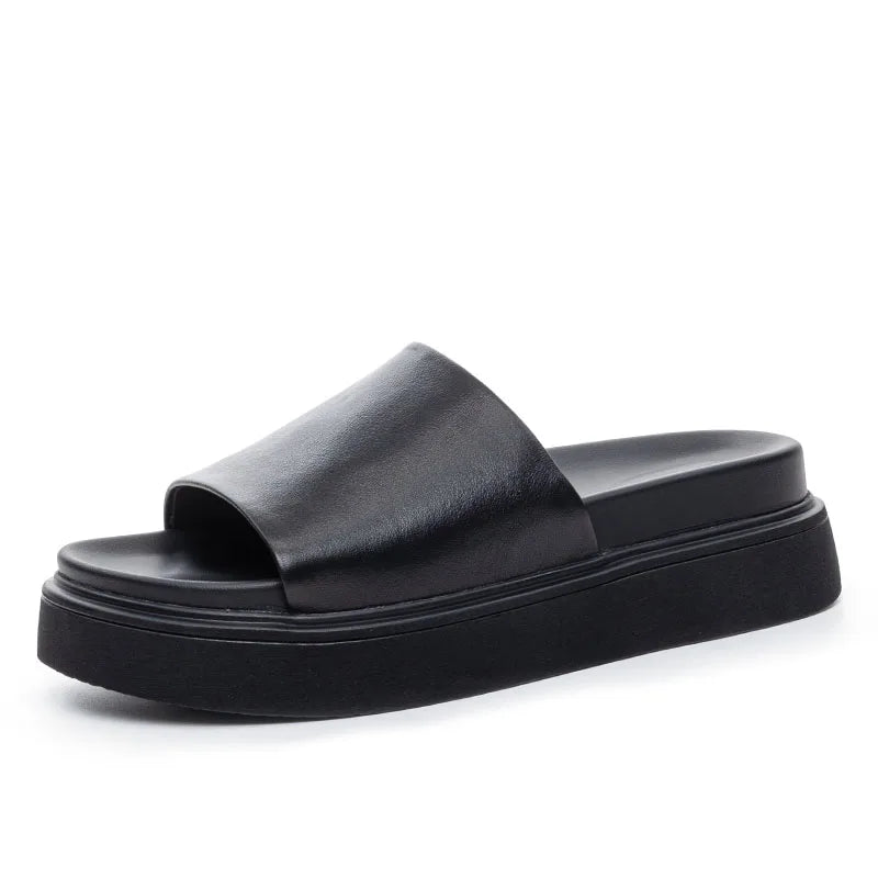 DRKANOL Fashion Women Chunky Platform Slippers Summer Slip On Open Toe Cow Genuine Leather Wedges Heel Slippers Casual Slides