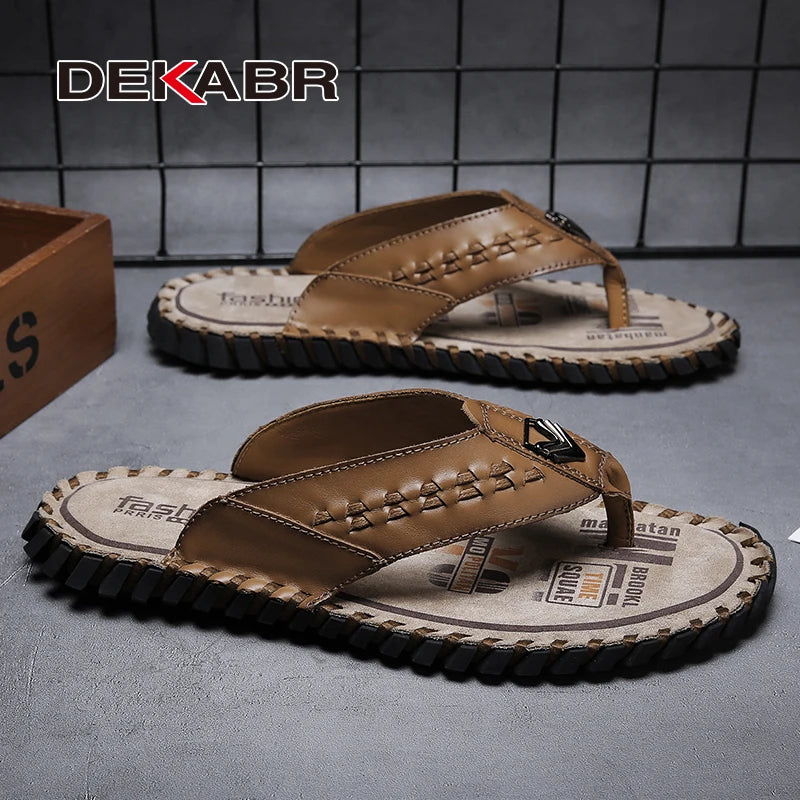DEKABR Men's Flip Flops Fashion Genuine Leather Sweat-Absorbent Breathable Wear-Resistant Non-Slip Shoes Large Size 38-48