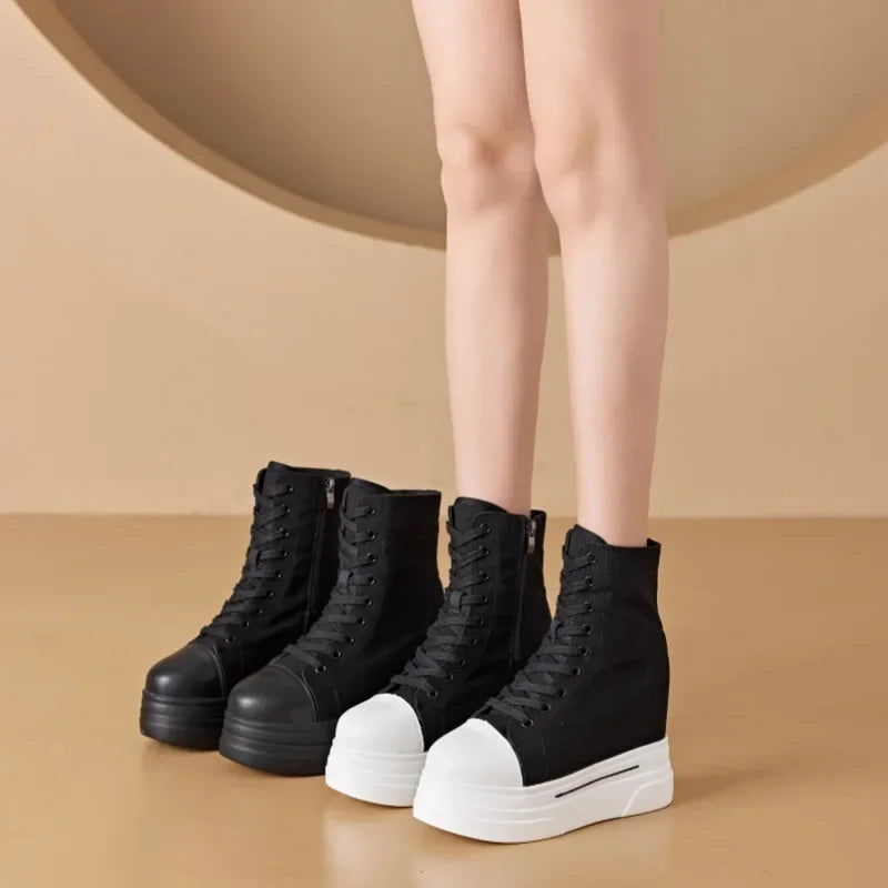 Fujin 14cm New Denim Women Autumn Spring Hidden High Synthetic ZIP Ankle Booties Flats Platform Wedge Ankle Boots Fashion Shoes