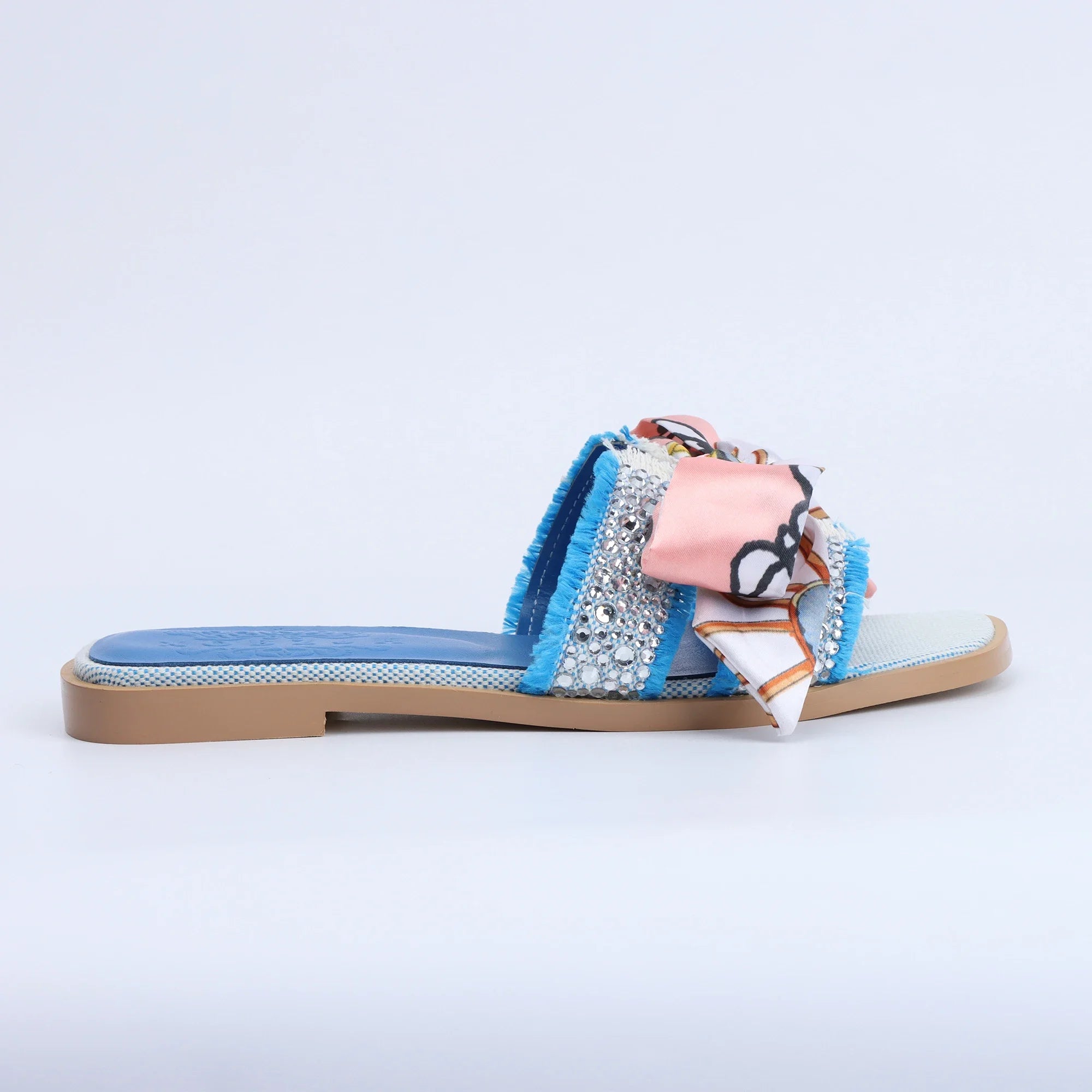 Women's Blue Flat Sandals Luxury Band Slides Comfortable Slip On Leather Slide Sandals Sandals for Women Summer Sandals