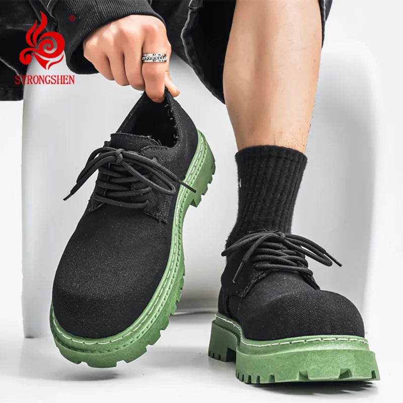 STRONGSHEN Men Platform Casual Shoes Denim Work Shoes Lace-up High Quality Derby Shoes Fashion Business Comfortable Shoes