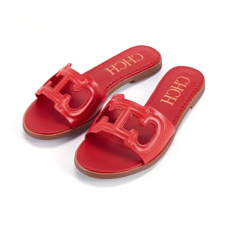 2025 Summer Slippers Women's Shoes Leather Casual Shoes Flat Luxury Brand Shoes Essence Model