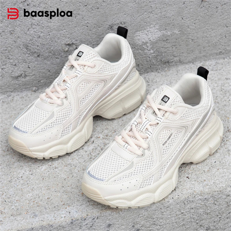 Baasploa Women Sports Shoes Outdoor Breathable Non-slip Jogging Sneakers Female Lightweight Mesh Lace-up Retro Running Shoes
