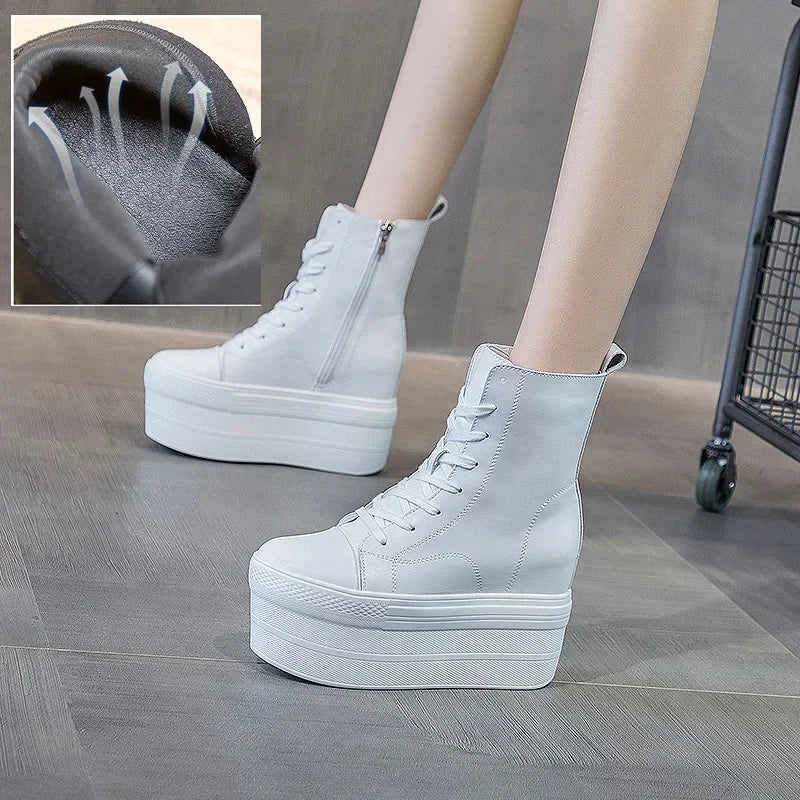 Fujin Genuine Leather 10cm Super Thick Sole Platform Wedge Hidden Heel Boots Shoes Zipper Winter Boots Ankle Warm Booties 2024