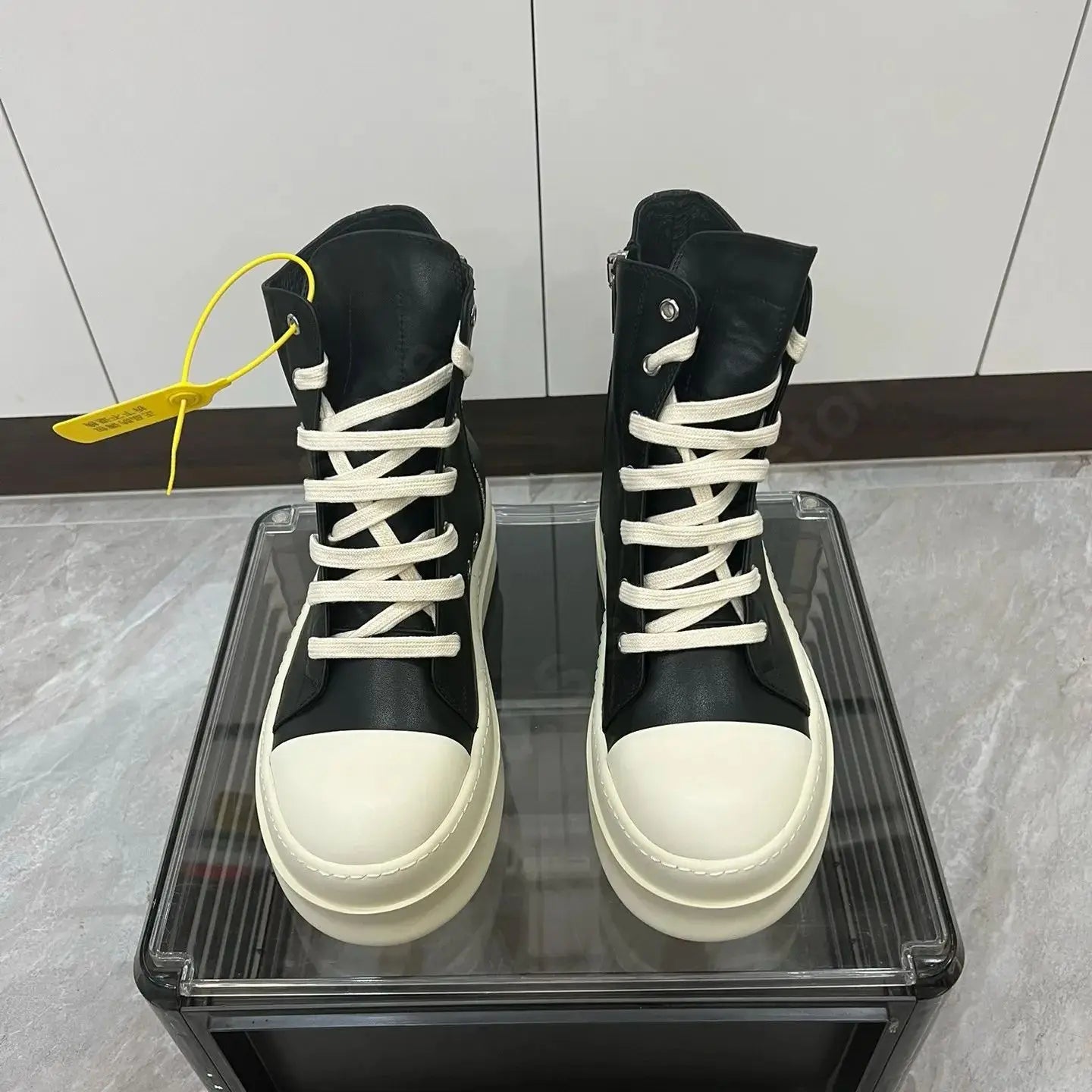 R-o Luxury Men Shoe Black Leather High Top Shoes Women Sneaker Casual Boot Zip 6cm Thick Sole Sneakers Pantshoes Ankle Boots