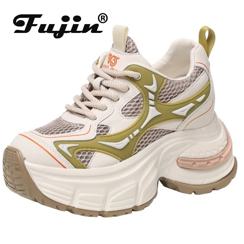 Fujin 9cm Women Summer Air Mesh Microfiber Chunky Sneakers Sandals Platform Wedge Slides Shoes Mules Shoes Women Breathable
