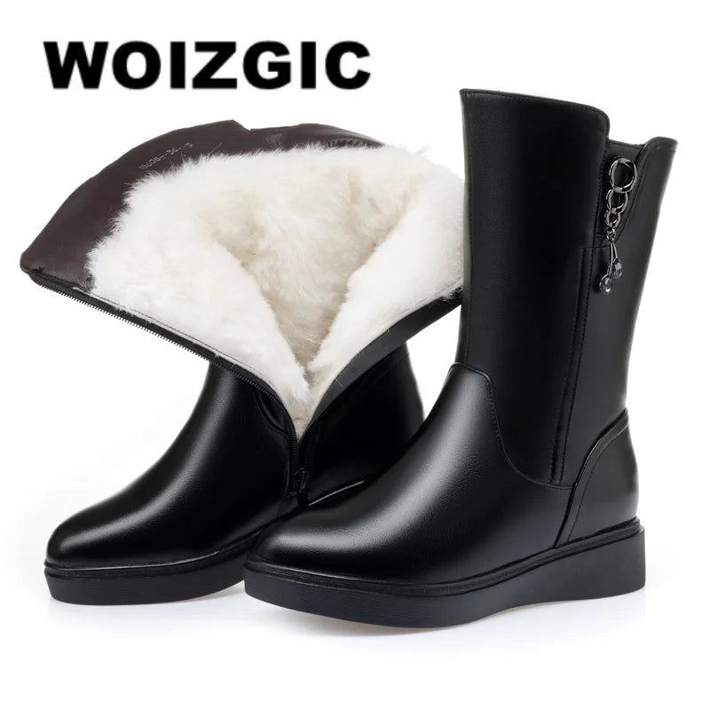 WOIZGIC Bottes mi-mollet pour femme, chaussures d'hiver en fourrure, laine, peluche, chaudes, fermeture éclair, cuir véritable, grande taille 42 43